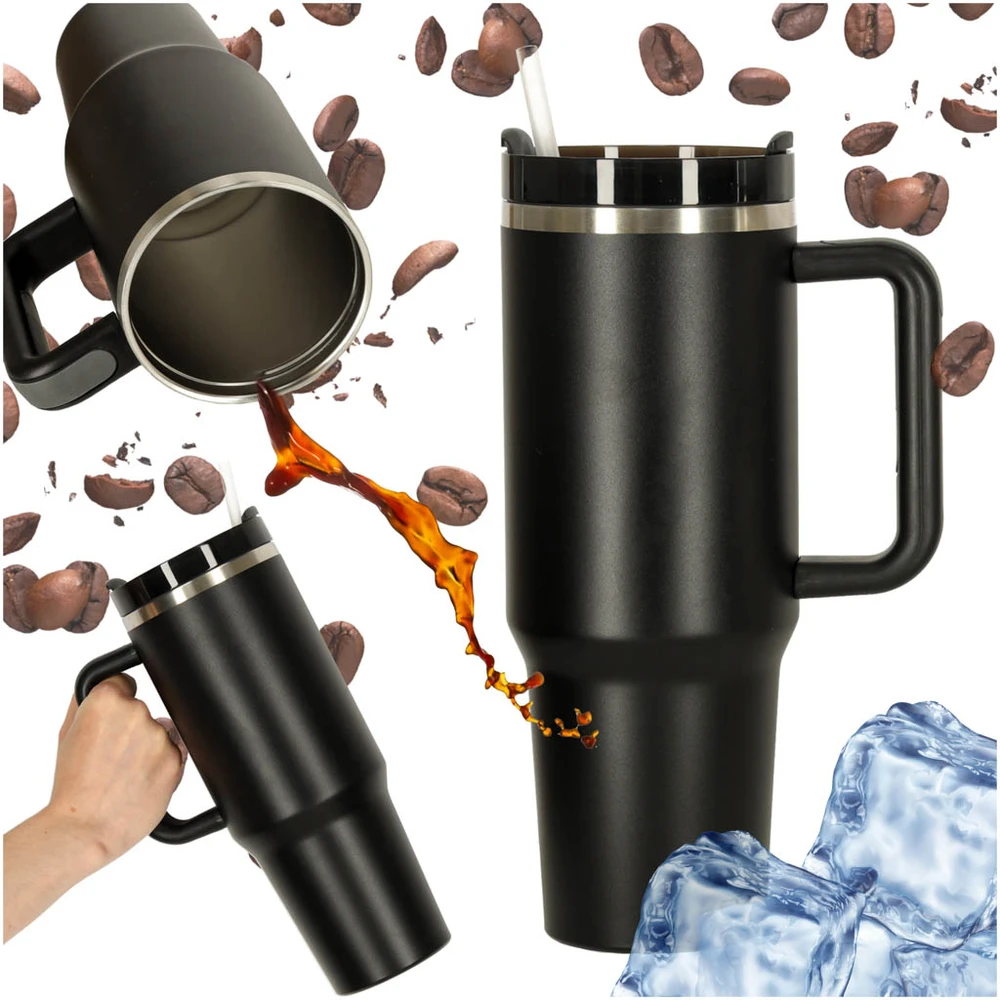 Roger Termo puodelis ze słomką i laikikliu termos 1200ml juoda