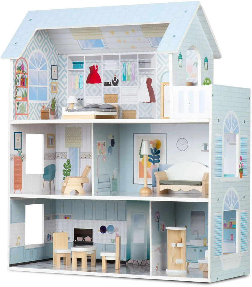 Didelis medinis lėlių namelis, 3 aukštų, Ricokids RK-878