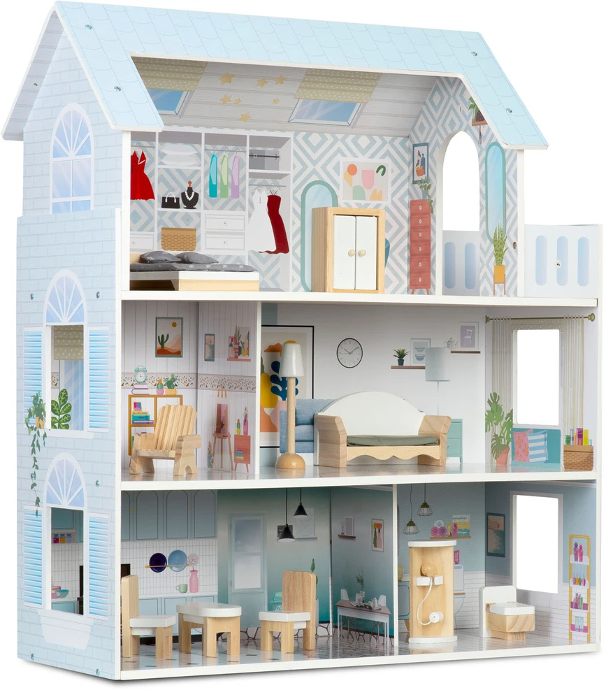 Didelis medinis lėlių namelis, 3 aukštų, Ricokids RK-878