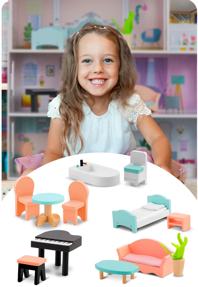 Didelis medinis lėlių namelis, 3 aukštų, Ricokids RK-878