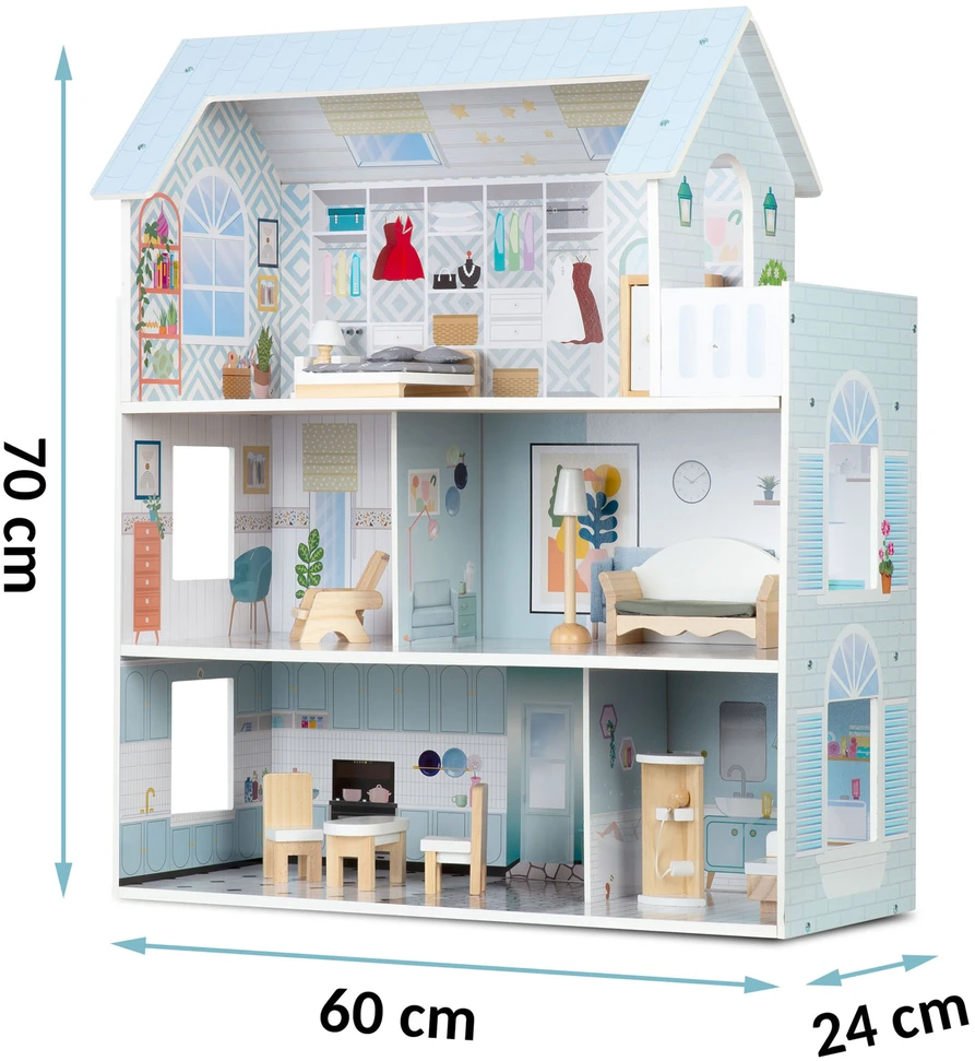 Didelis medinis lėlių namelis, 3 aukštų, Ricokids RK-878