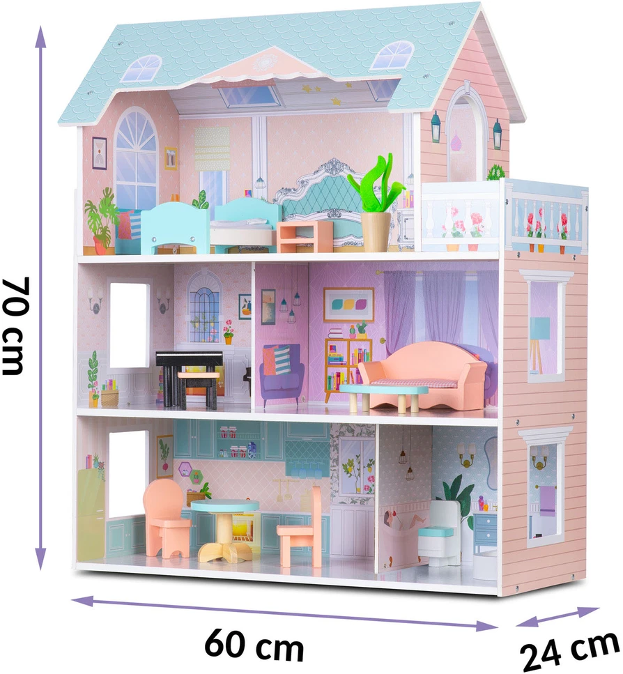 Didelis medinis lėlių namelis, 3 aukštų, Ricokids RK-878