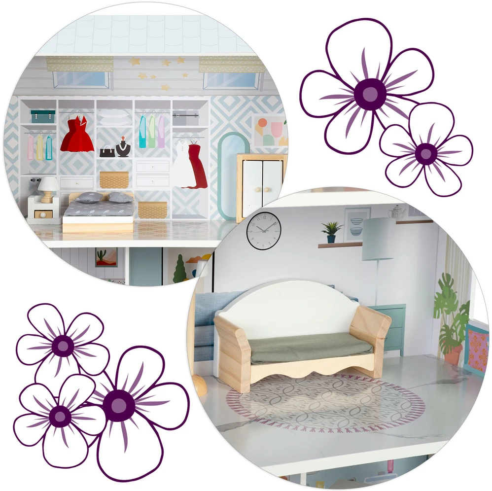 Didelis medinis lėlių namelis, 3 aukštų, Ricokids RK-878