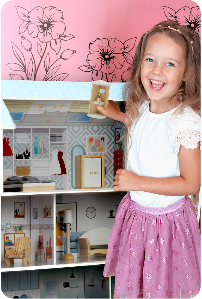 Didelis medinis lėlių namelis, 3 aukštų, Ricokids RK-878