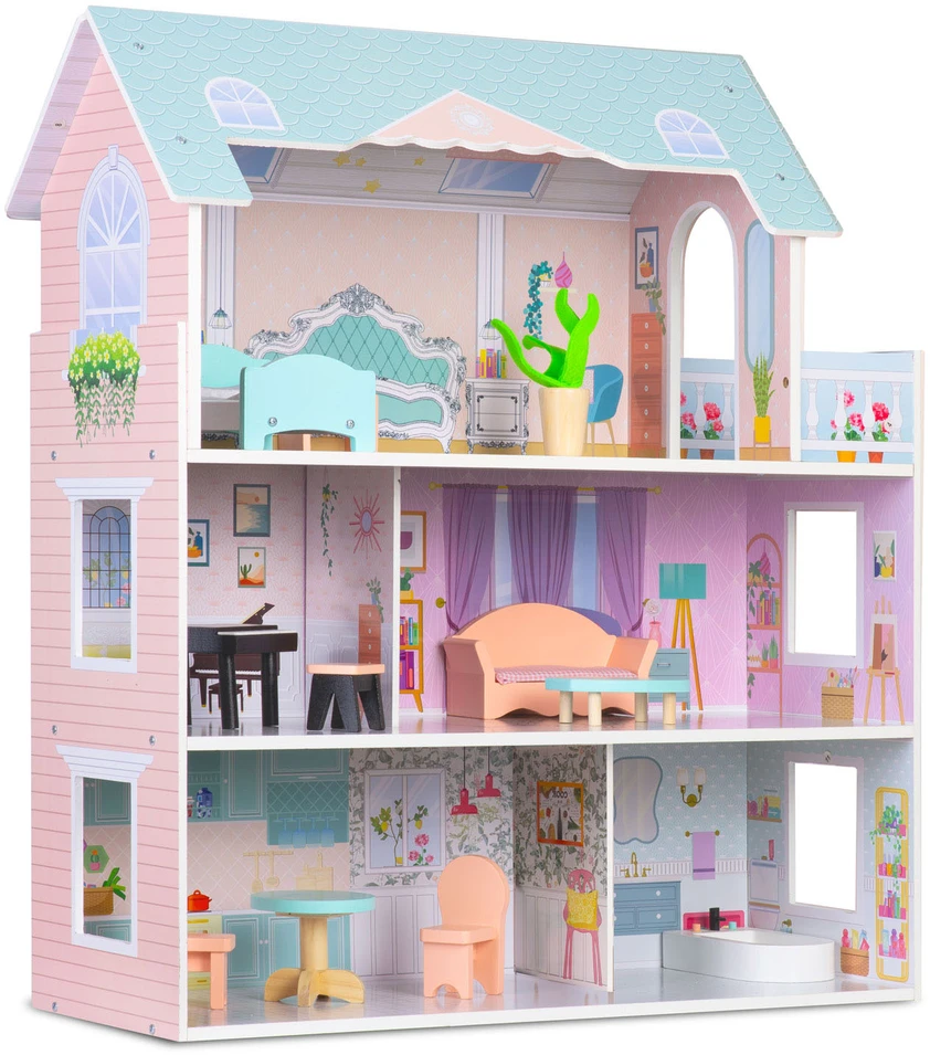 Didelis medinis lėlių namelis, 3 aukštų, Ricokids RK-878