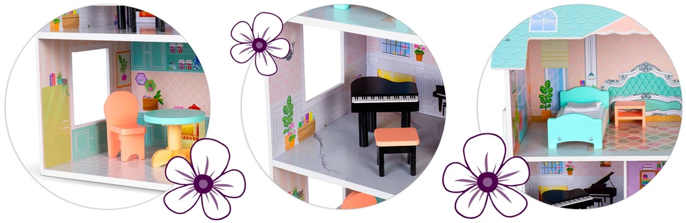 Didelis medinis lėlių namelis, 3 aukštų, Ricokids RK-878