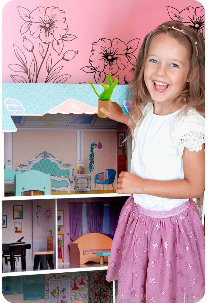 Didelis medinis lėlių namelis, 3 aukštų, Ricokids RK-878