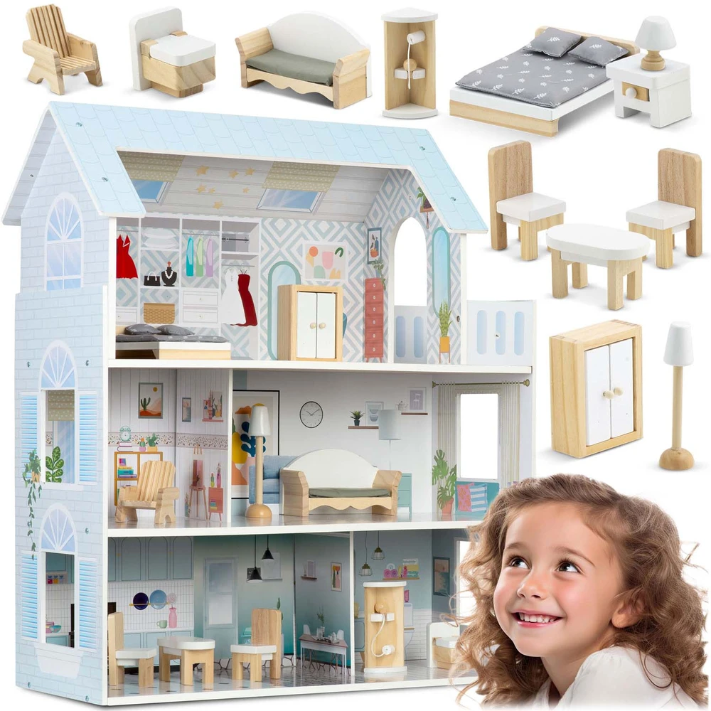 Didelis medinis lėlių namelis, 3 aukštų, Ricokids RK-878