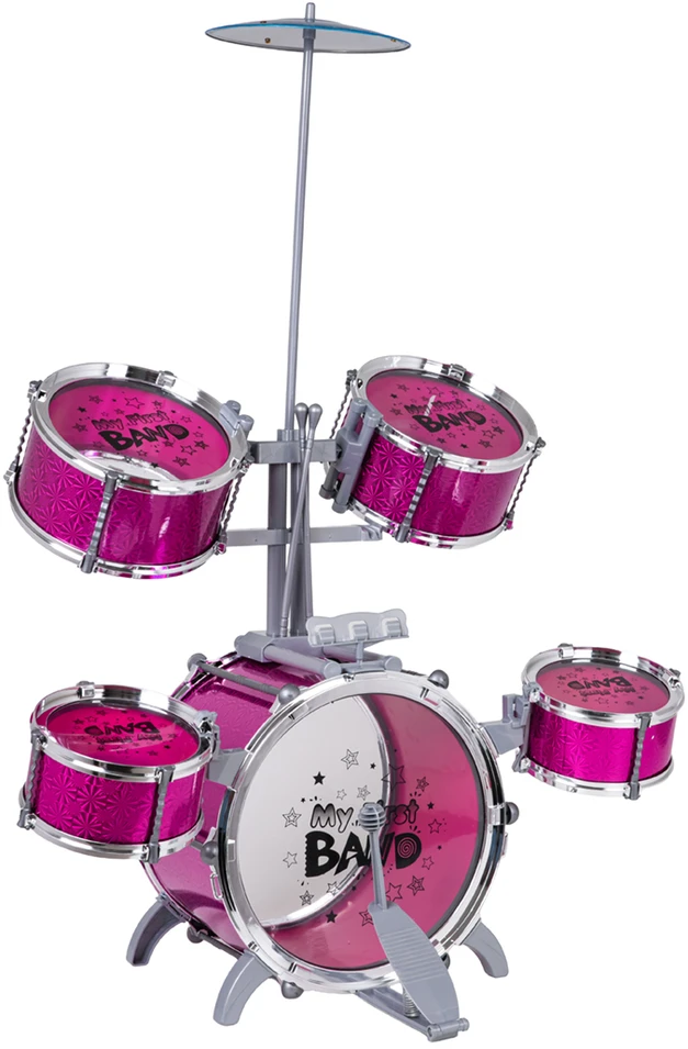 Didelis rožinis ROCK BAND būgnų rinkinys su kėdute