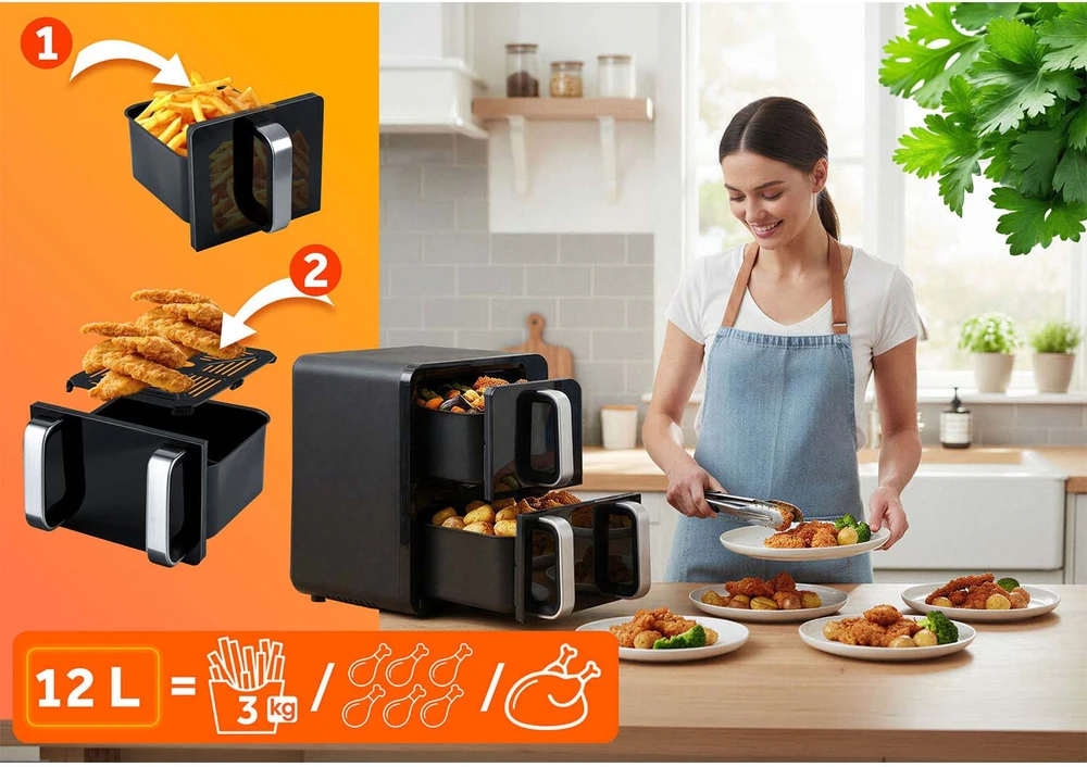 Dviejų kamerų vertikali 12 l bealiejė oro gruzdintuvė Berdsen BD-664 2800W