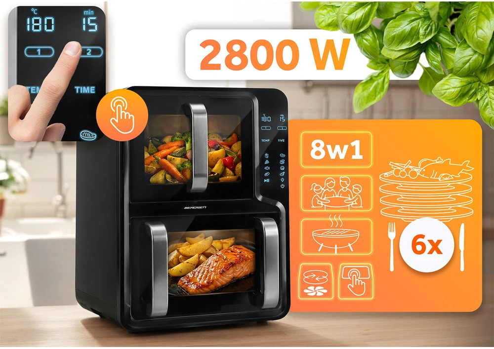 Dviejų kamerų vertikali 12 l bealiejė oro gruzdintuvė Berdsen BD-664 2800W