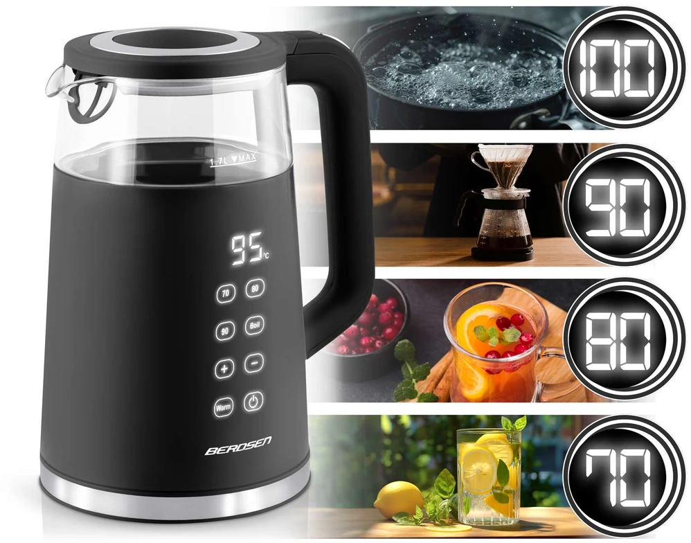 Berdsen BD-707 elektrinis virdulys 1,7 l su temperatūros valdymu ir jutikliniu ekranu, juodas