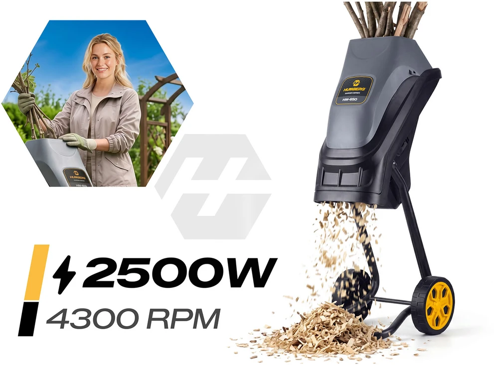 Elektrinis šakų smulkintuvas Humberg HM-650, 2500 W + 2x 45 l maišai