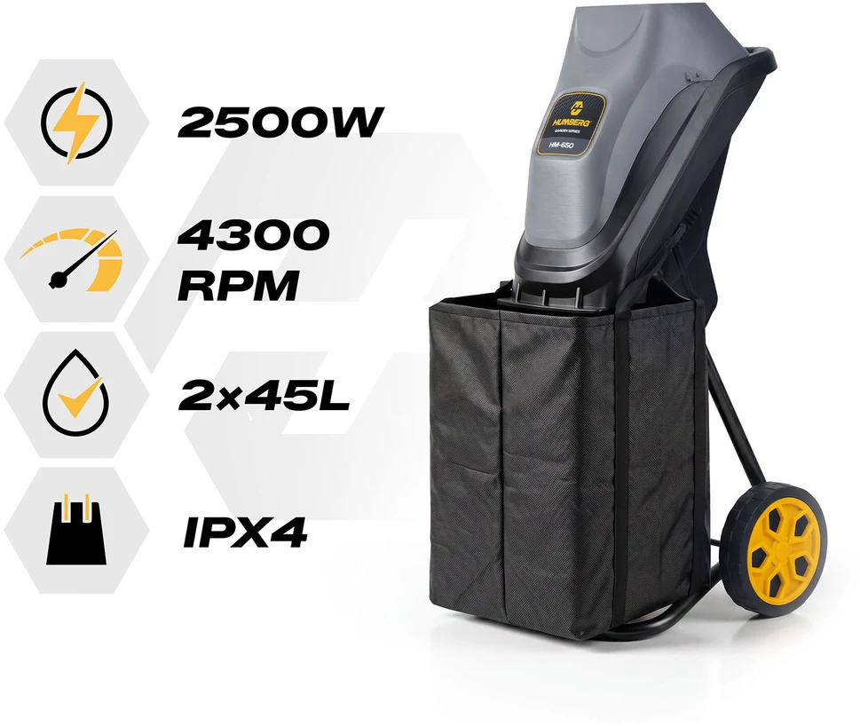 Elektrinis šakų smulkintuvas Humberg HM-650, 2500 W + 2x 45 l maišai