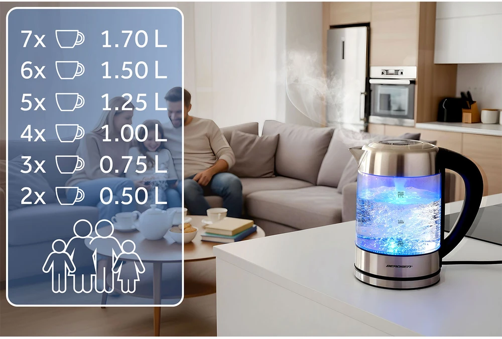 Elektrinis stiklinis virdulys su temperatūros reguliatoriumi 1,7 l 2200 W Berdsen BD-714
