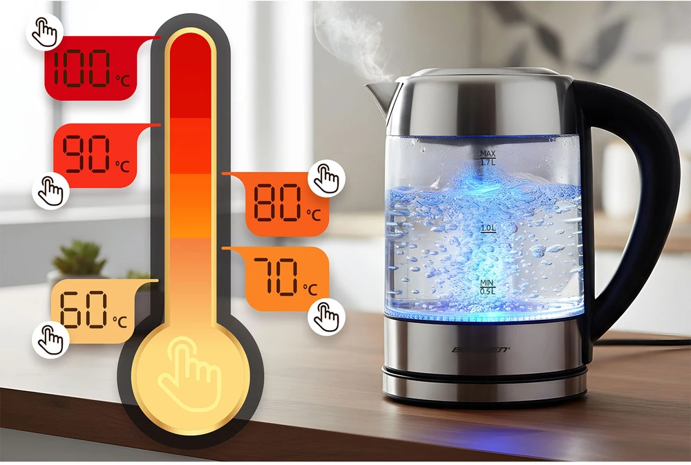 Elektrinis stiklinis virdulys su temperatūros reguliatoriumi 1,7 l 2200 W Berdsen BD-714