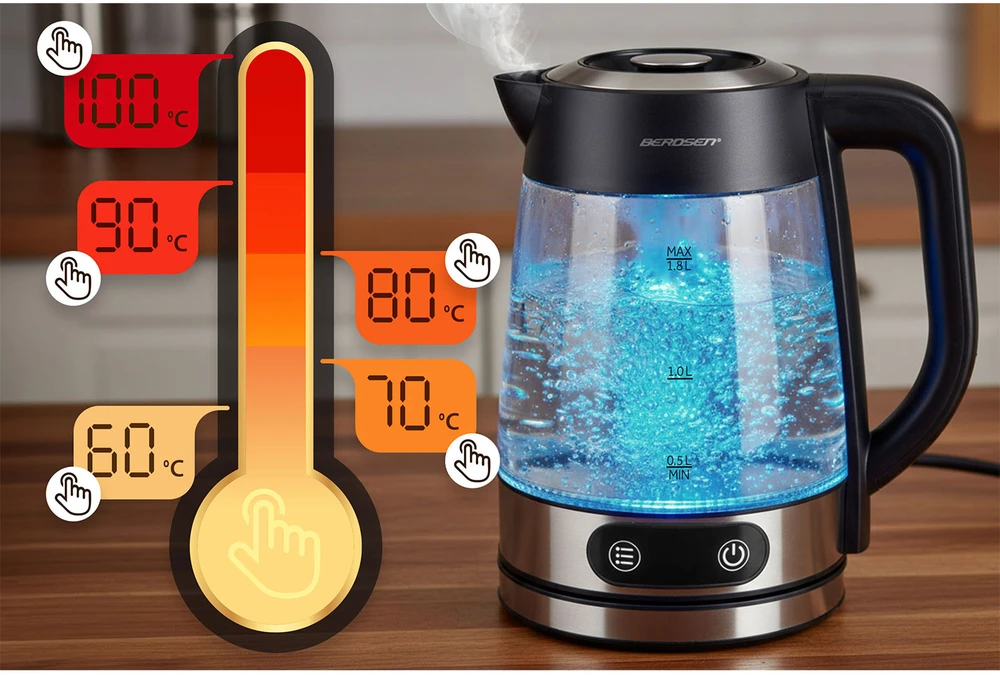 Elektrinis stiklinis virdulys Berdsen BD-715, 1,8 l, 2200 W, su temperatūros reguliavimu
