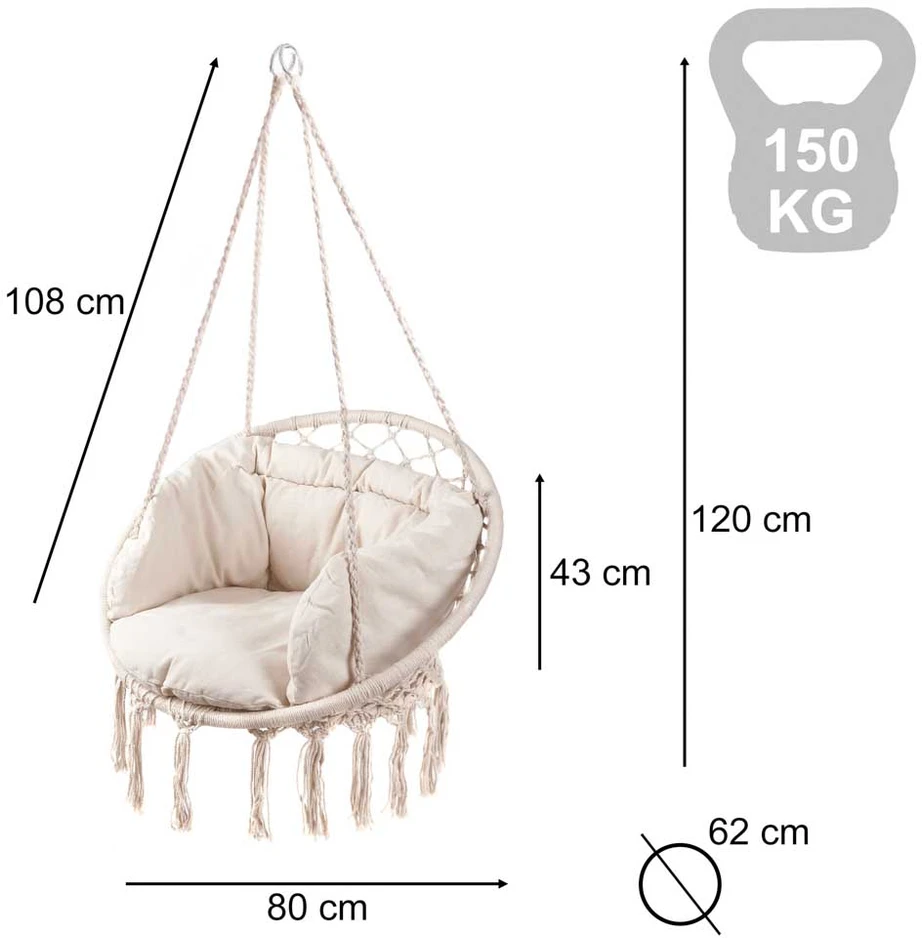 Boho stiliaus pakabinamas krėslas su pagalvėle 80 cm | 150 kg | spalva: ecru