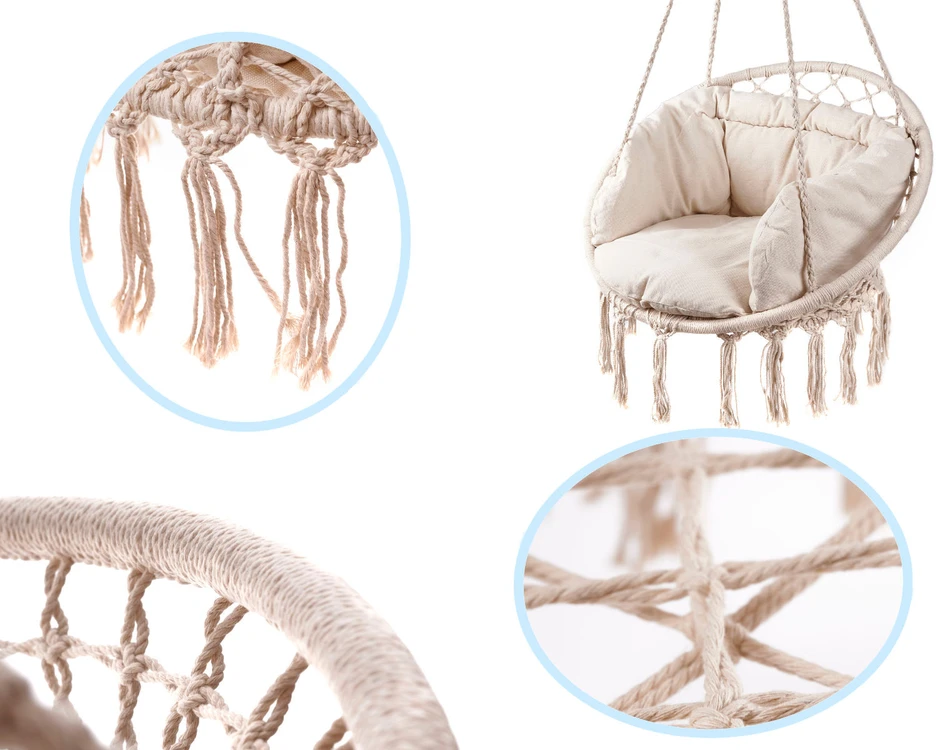 Boho stiliaus pakabinamas krėslas su pagalvėle 80 cm | 150 kg | spalva: ecru