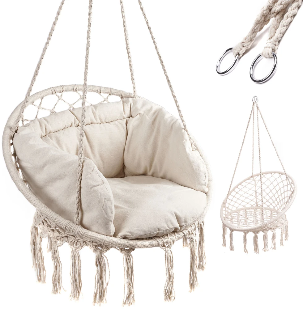 Boho stiliaus pakabinamas krėslas su pagalvėle 80 cm | 150 kg | spalva: ecru