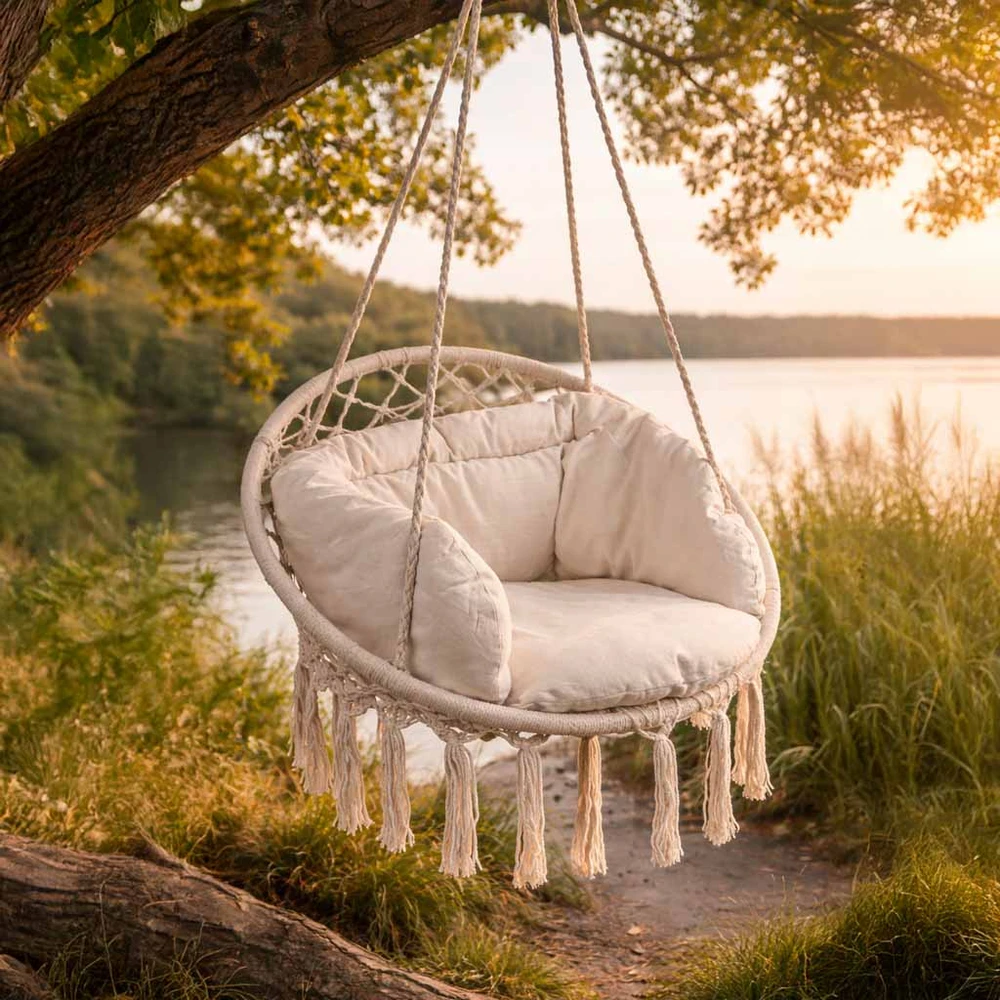 Boho stiliaus pakabinamas krėslas su pagalvėle 80 cm | 150 kg | spalva: ecru
