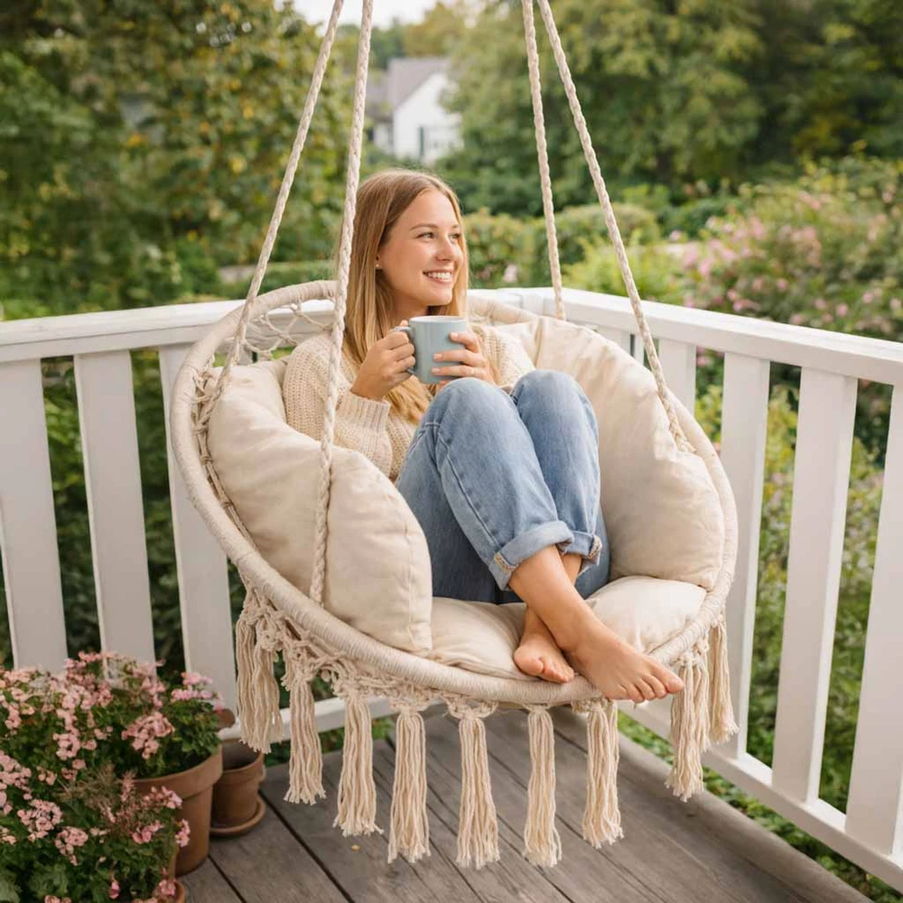 Boho stiliaus pakabinamas krėslas su pagalvėle 80 cm | 150 kg | spalva: ecru