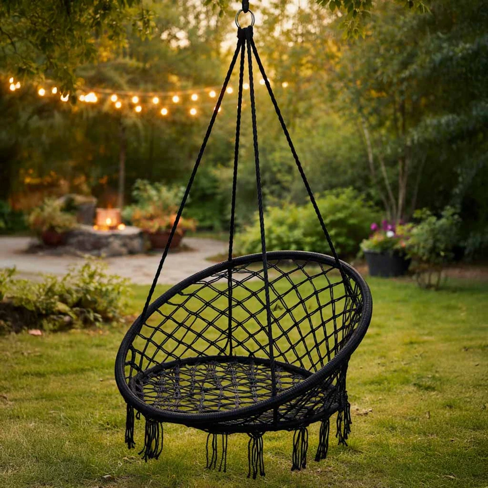 Boho stiliaus pakabinamas krėslas 80 cm | 150 kg | spalva: juoda