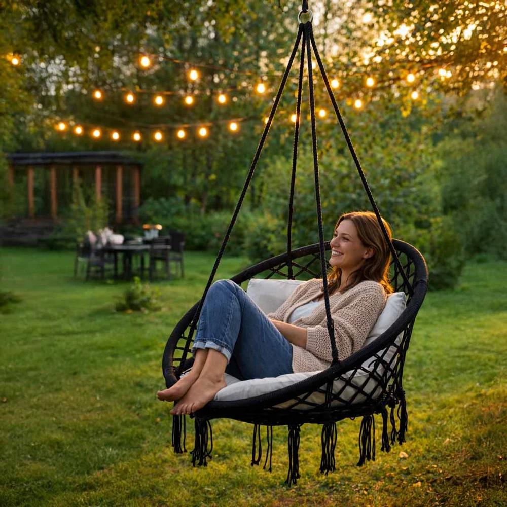 Boho stiliaus pakabinamas krėslas 80 cm | 150 kg | spalva: juoda