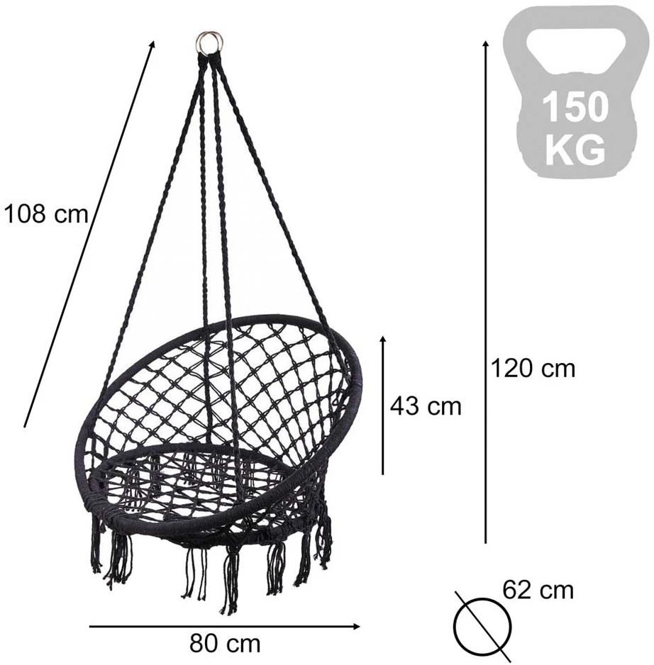 Boho stiliaus pakabinamas krėslas 80 cm | 150 kg | spalva: juoda