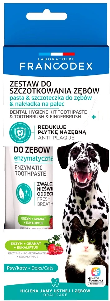 Gyvūnų priežiūra - FRANCODEX Dantų šepetėlis ir dantų pasta rinkinys (70g, be cukraus, be glitimo)