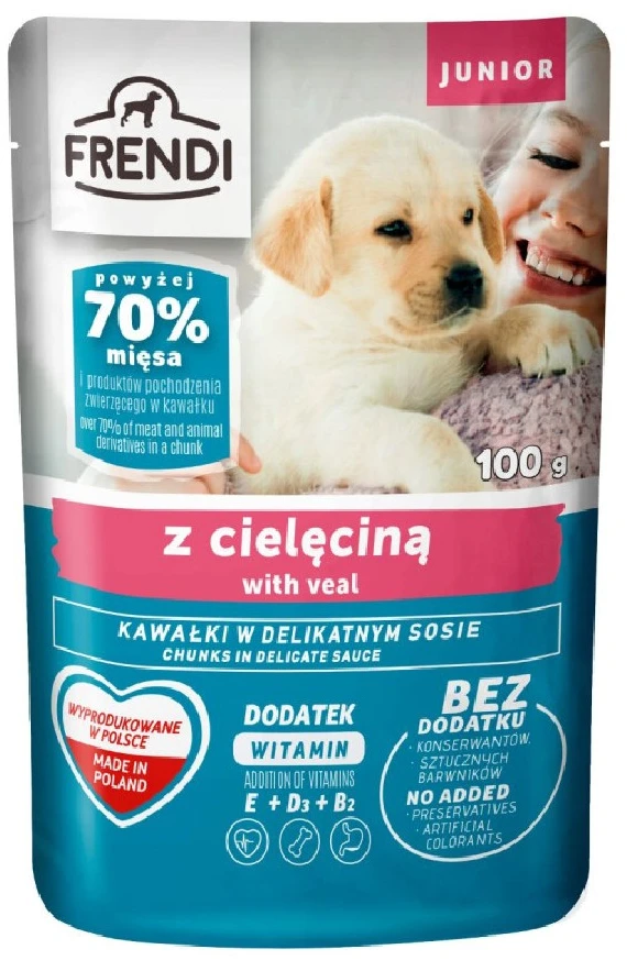 FRENDI Junior Gabaliukai subtiliame padaže su veršiena – Šlapias Maistas šunims – 100 g