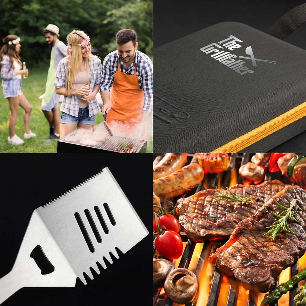 Froster Elegantiškas vyriškas BBQ įrankių rinkinys tėčiui, nerūdijančio plieno, juodas
