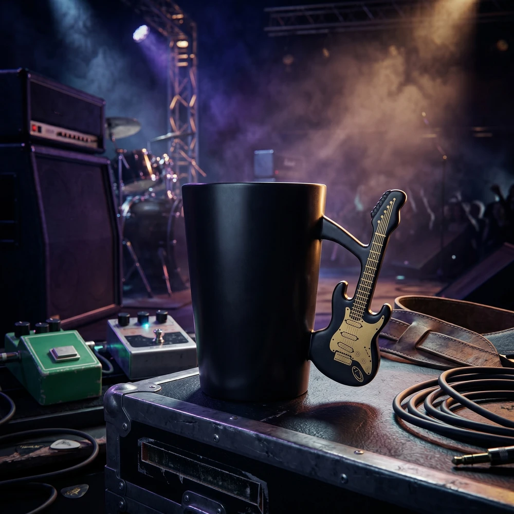 Froster Stilinga gitaristo formos keramikinė puodelė, muzikos mylėtojams, juoda matinė