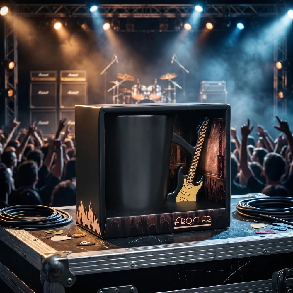 Froster Stilinga gitaristo formos keramikinė puodelė, muzikos mylėtojams, juoda matinė