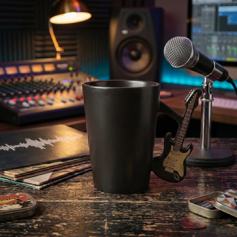 Froster Stilinga gitaristo formos keramikinė puodelė, muzikos mylėtojams, juoda matinė