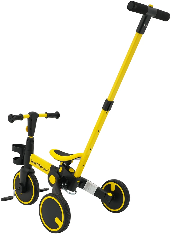 Stumiamas triratukas su rankene Happy Bike 3in1 Sportrike geltonos spalvos