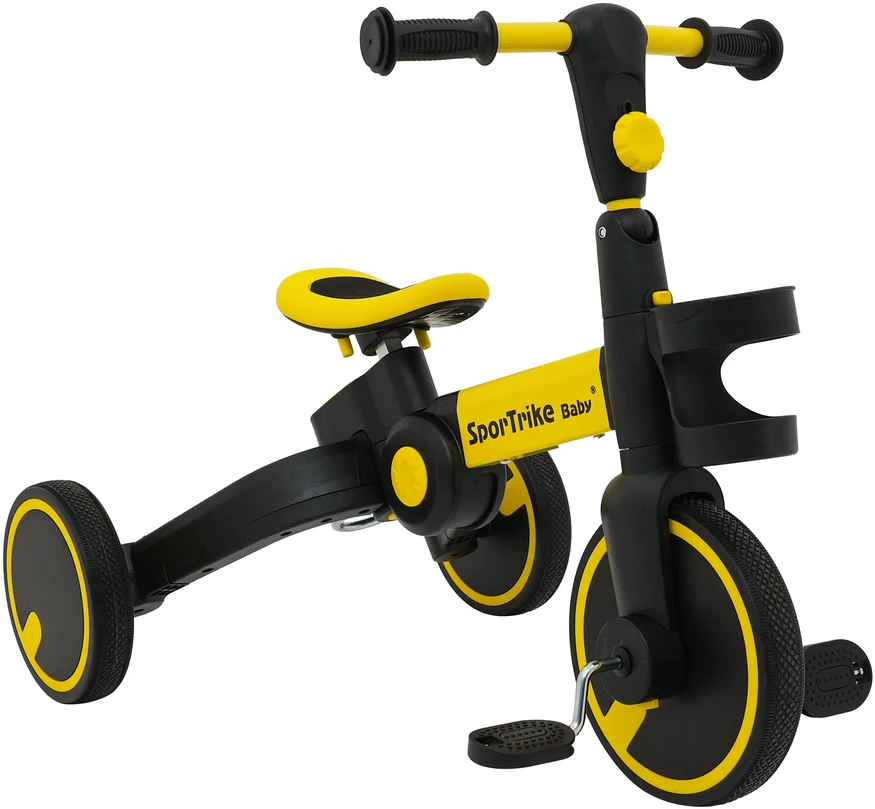 Stumiamas triratukas su rankene Happy Bike 3in1 Sportrike geltonos spalvos