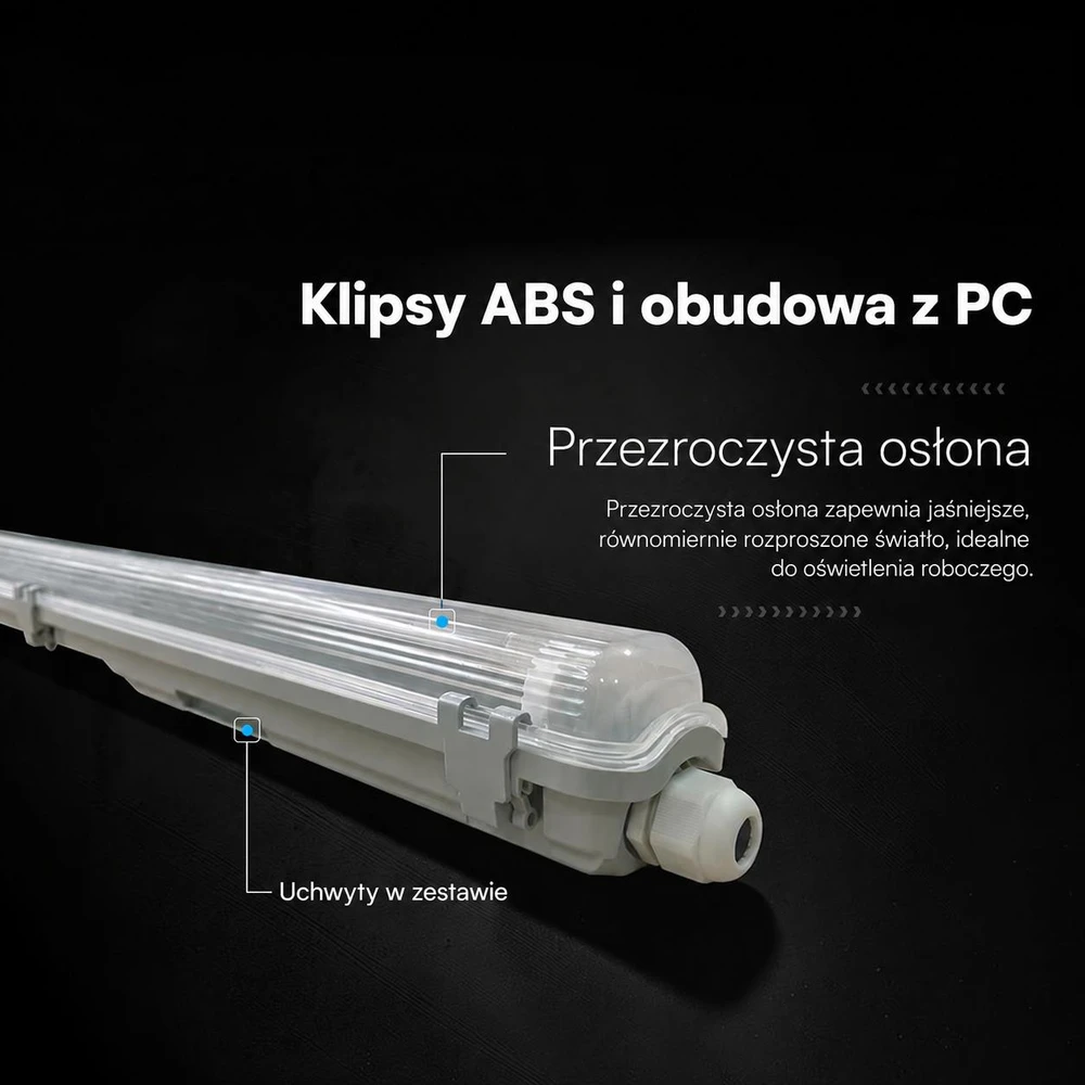 T8 šviestuvas, 150cm, pilku korpusu/skaidriu difuzoriumi, IP65
