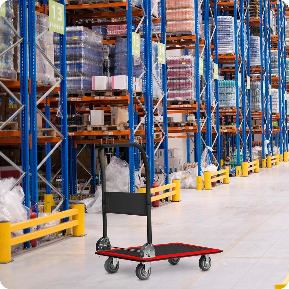 Humberg HM-505 juodos ir raudonos spalvos platforminis transportavimo vežimėlis