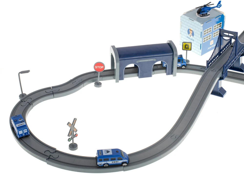 Ikonka Elektrinio traukinio policijos automobiliai 92 elementai ~300cm