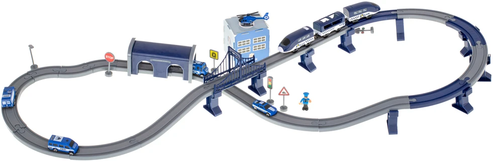 Ikonka Elektrinio traukinio policijos automobiliai 92 elementai ~300cm
