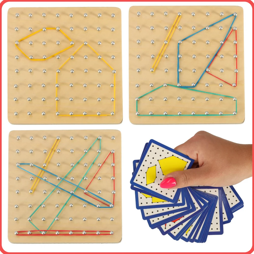 Ikonka Geoboard Geoplan medinė dėlionė, kurianti figūras su gumytėmis