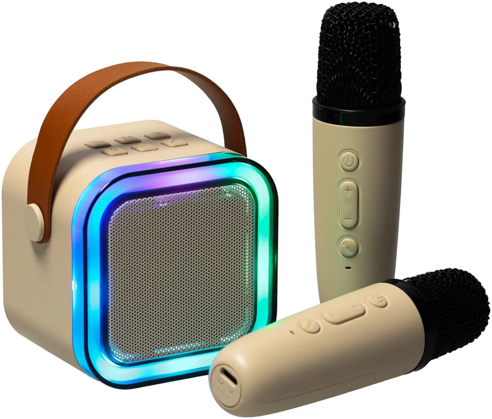 Ikonka Karaokės rinkinys 2 mikrofonai + nešiojamas garsiakalbis BLUETOOTH USB LED smėlio spalvos