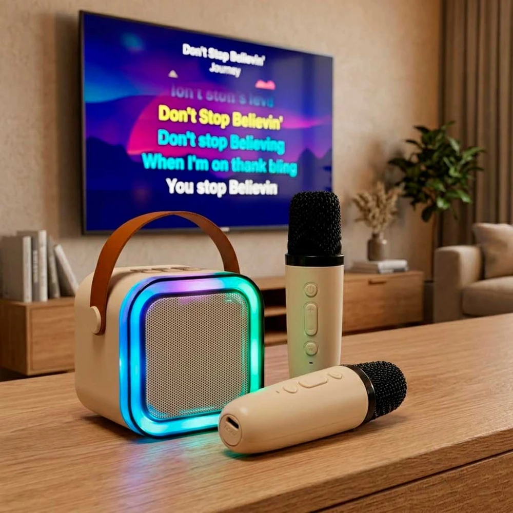 Ikonka Karaokės rinkinys 2 mikrofonai + nešiojamas garsiakalbis BLUETOOTH USB LED smėlio spalvos