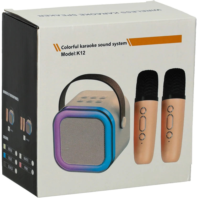 Ikonka Karaokės rinkinys 2 mikrofonai + nešiojamas garsiakalbis BLUETOOTH USB LED smėlio spalvos