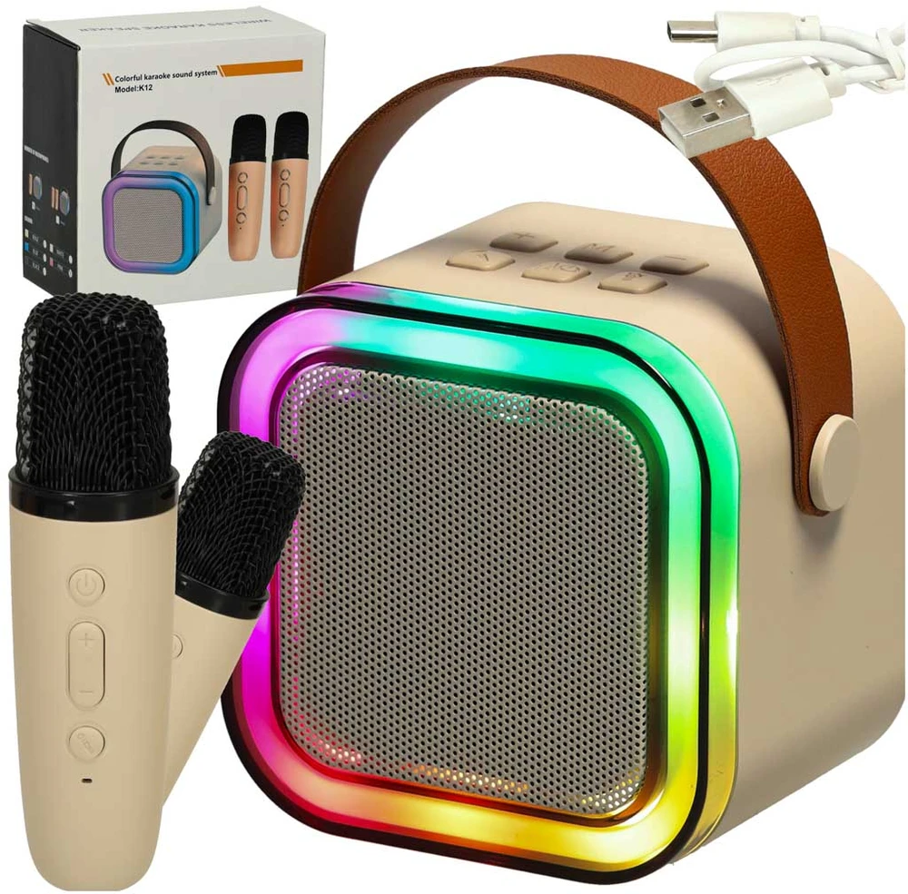 Ikonka Karaokės rinkinys 2 mikrofonai + nešiojamas garsiakalbis BLUETOOTH USB LED smėlio spalvos