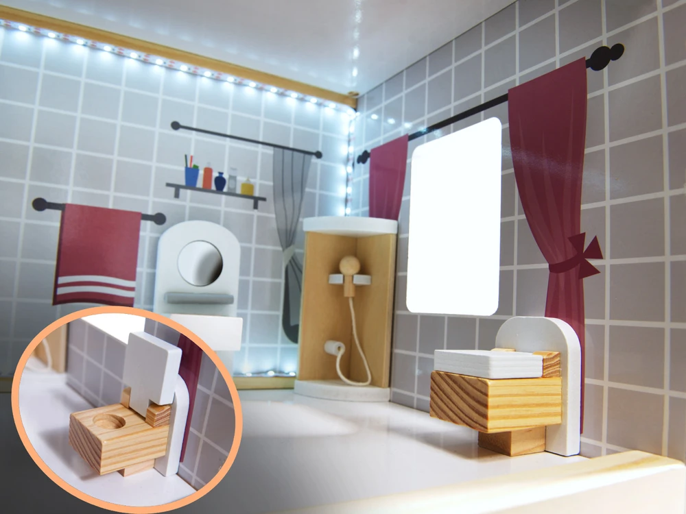 Ikonka MDF medinis lėlių namelis + baldai 78cm juodas LED
