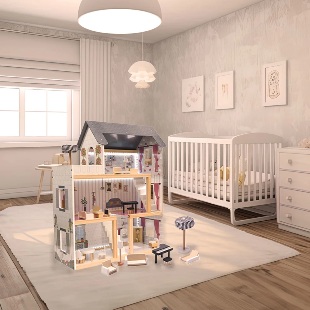 Ikonka MDF medinis lėlių namelis + baldai 78cm juodas LED