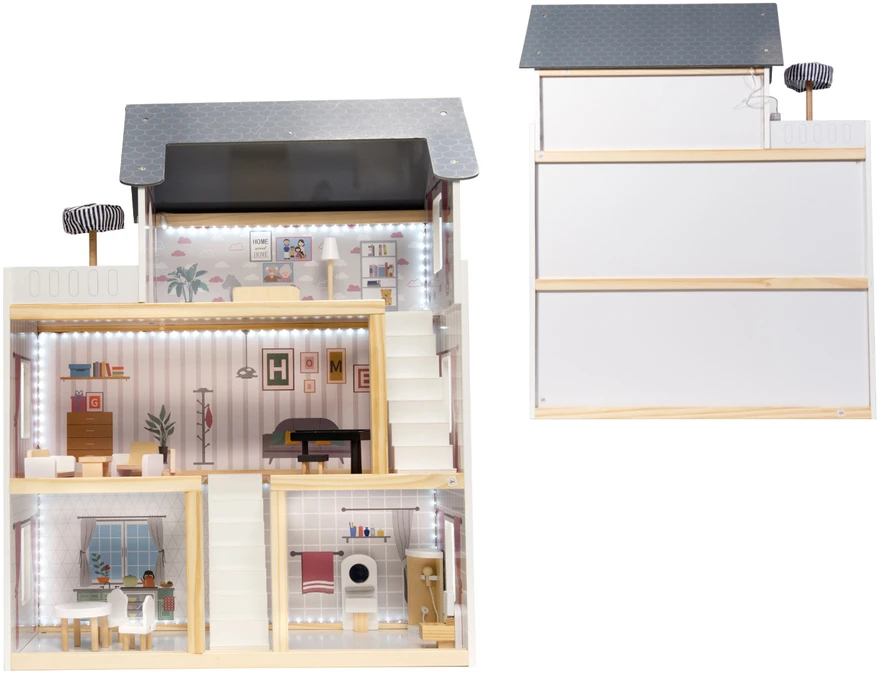 Ikonka MDF medinis lėlių namelis + baldai 78cm juodas LED