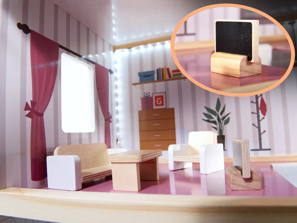 Ikonka MDF medinis lėlių namelis + baldai 78cm juodas LED